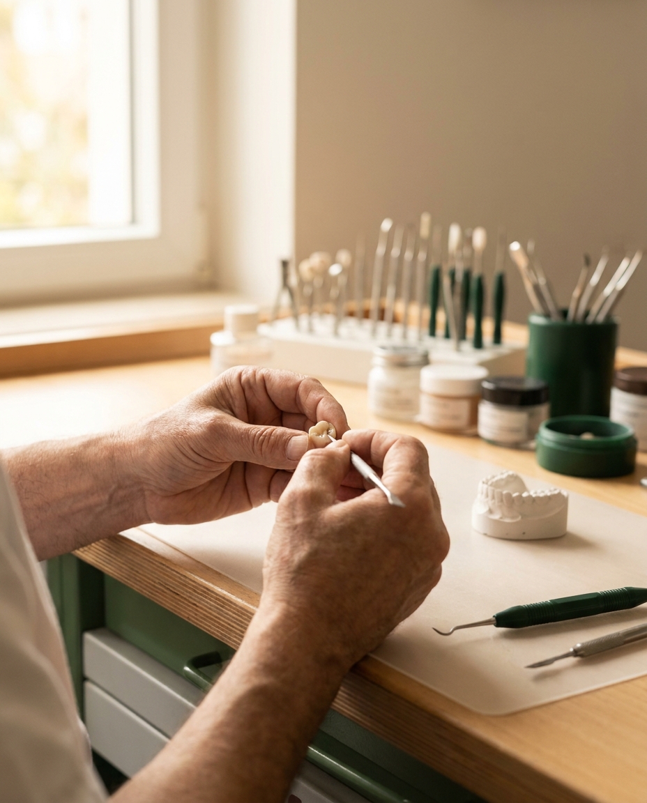 Zahntechnikerin bei der Detailarbeit an einer Vollkeramik-Krone im Meisterlabor