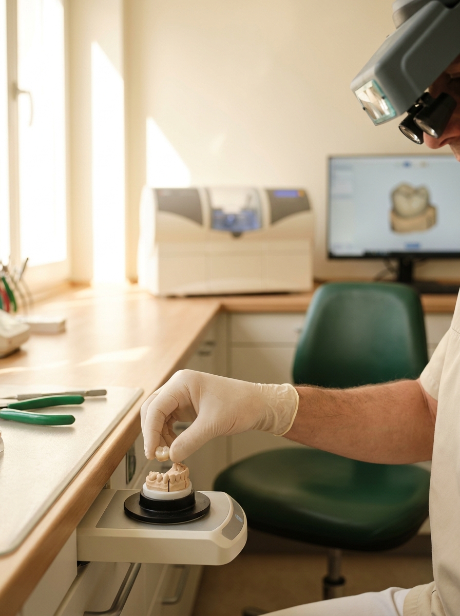 Zahntechniker mit Dental-Lupe platziert eine Vollkeramik-Krone auf einem digitalen Scanner, im Hintergrund CAD-Software und CAM-Fräseinheit
